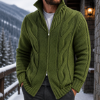 Men's Cable Knit Full Zip Sweater – Chunky Knit Cardigan, Textured Knit Sweater Jacket, Mock Neck Zip-Up Sweater, Ribbed Knit Winter Cardigan, Casual Smart Casual Fall & Winter Men's Knitwear