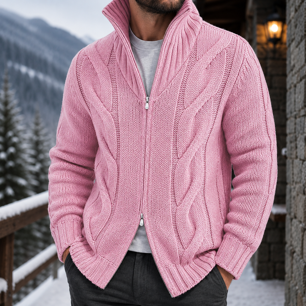 Men's Cable Knit Full Zip Sweater – Chunky Knit Cardigan, Textured Knit Sweater Jacket, Mock Neck Zip-Up Sweater, Ribbed Knit Winter Cardigan, Casual Smart Casual Fall & Winter Men's Knitwear