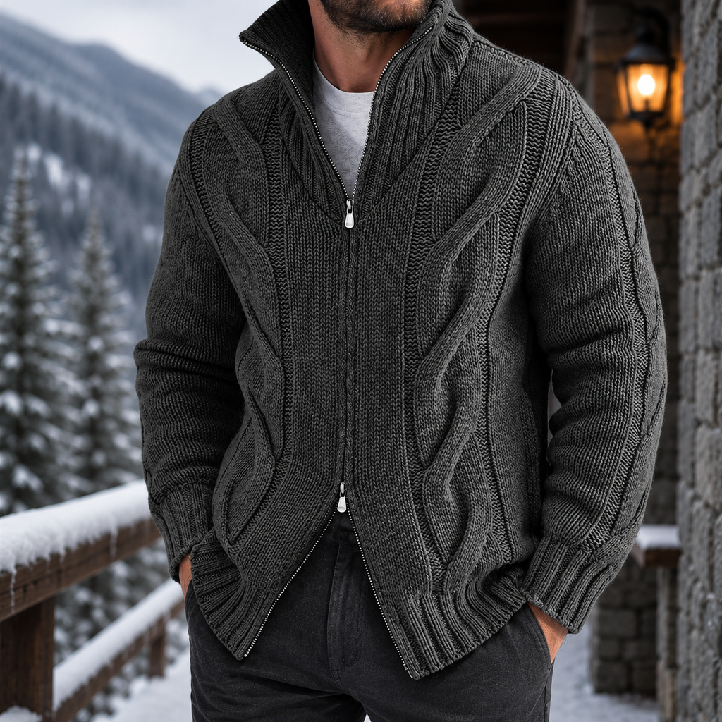 Men's Cable Knit Full Zip Sweater – Chunky Knit Cardigan, Textured Knit Sweater Jacket, Mock Neck Zip-Up Sweater, Ribbed Knit Winter Cardigan, Casual Smart Casual Fall & Winter Men's Knitwear
