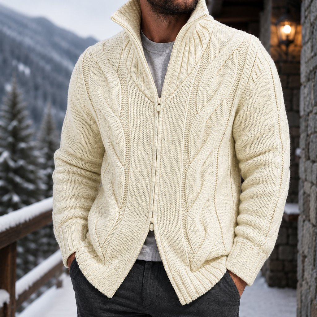 Men's Cable Knit Full Zip Sweater – Chunky Knit Cardigan, Textured Knit Sweater Jacket, Mock Neck Zip-Up Sweater, Ribbed Knit Winter Cardigan, Casual Smart Casual Fall & Winter Men's Knitwear