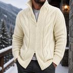 Men's Cable Knit Full Zip Sweater – Chunky Knit Cardigan, Textured Knit Sweater Jacket, Mock Neck Zip-Up Sweater, Ribbed Knit Winter Cardigan, Casual Smart Casual Fall & Winter Men's Knitwear