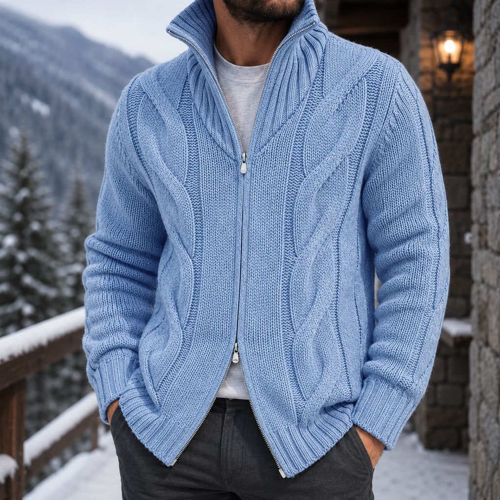Men's Cable Knit Full Zip Sweater – Chunky Knit Cardigan, Textured Knit Sweater Jacket, Mock Neck Zip-Up Sweater, Ribbed Knit Winter Cardigan, Casual Smart Casual Fall & Winter Men's Knitwear