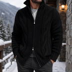 Men's Cable Knit Full Zip Sweater – Chunky Knit Cardigan, Textured Knit Sweater Jacket, Mock Neck Zip-Up Sweater, Ribbed Knit Winter Cardigan, Casual Smart Casual Fall & Winter Men's Knitwear