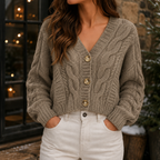 Women's Cropped Cable Knit Cardigan – Button-Front V-Neck Sweater, Chunky Textured Layer for Fall Winter Work & Everyday
