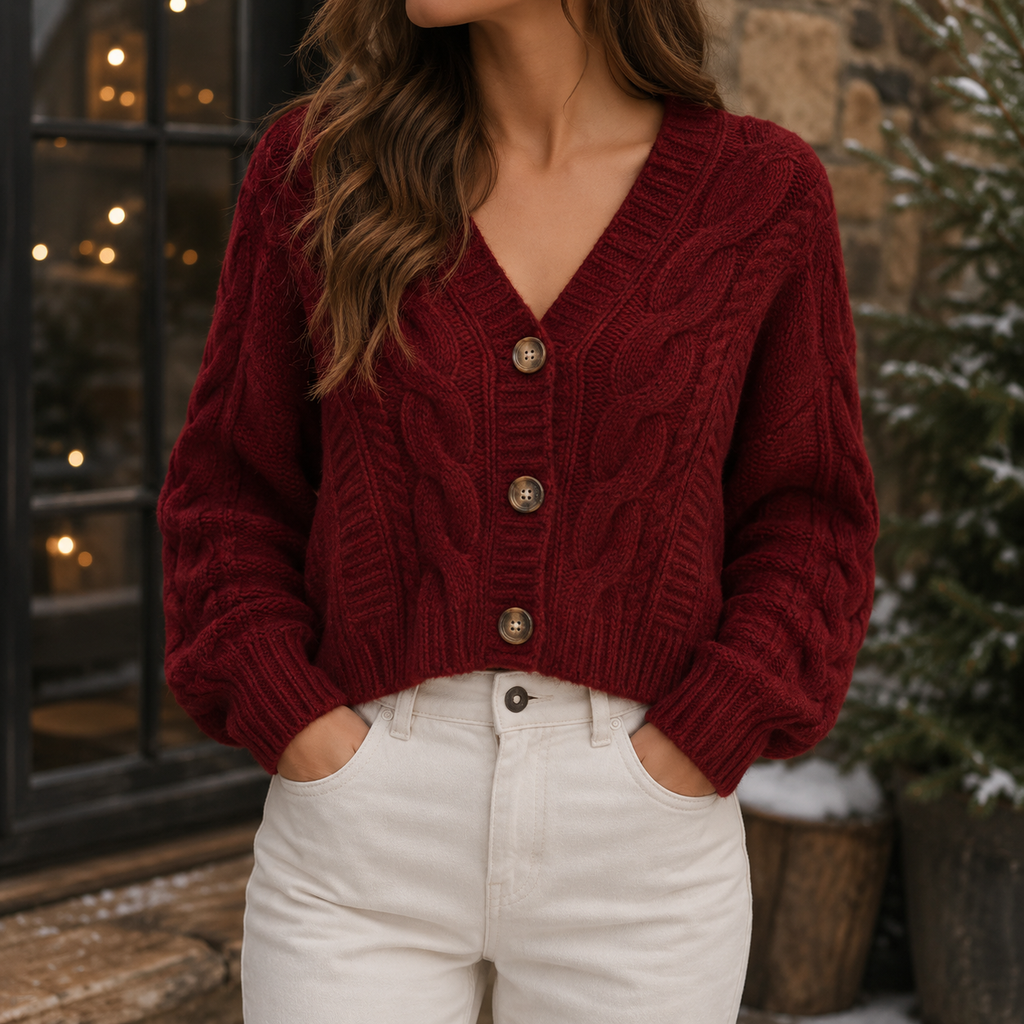 Women's Cropped Cable Knit Cardigan – Button-Front V-Neck Sweater, Chunky Textured Layer for Fall Winter Work & Everyday