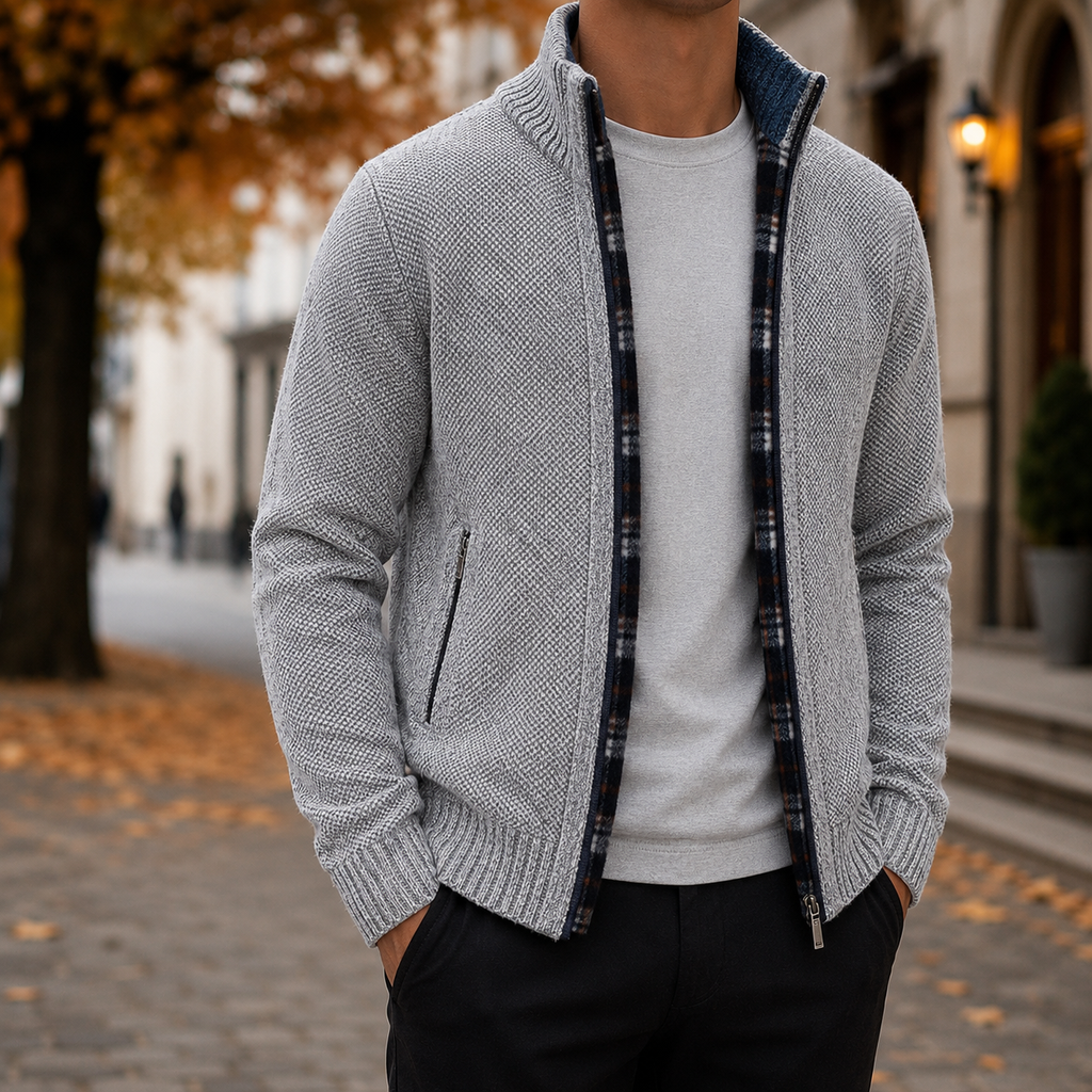 Men's Full Zip Textured Knit Sweater Jacket – Stand Collar Zip-Up Cardigan, Mock Neck Knit Jacket, Ribbed Cuffs & Hem, Casual Smart Casual Sweater, Fall & Winter Men's Knitwear