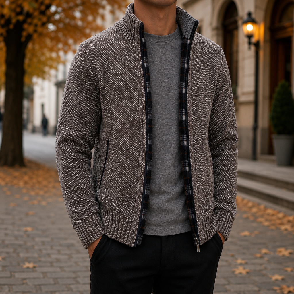 Men's Full Zip Textured Knit Sweater Jacket – Stand Collar Zip-Up Cardigan, Mock Neck Knit Jacket, Ribbed Cuffs & Hem, Casual Smart Casual Sweater, Fall & Winter Men's Knitwear