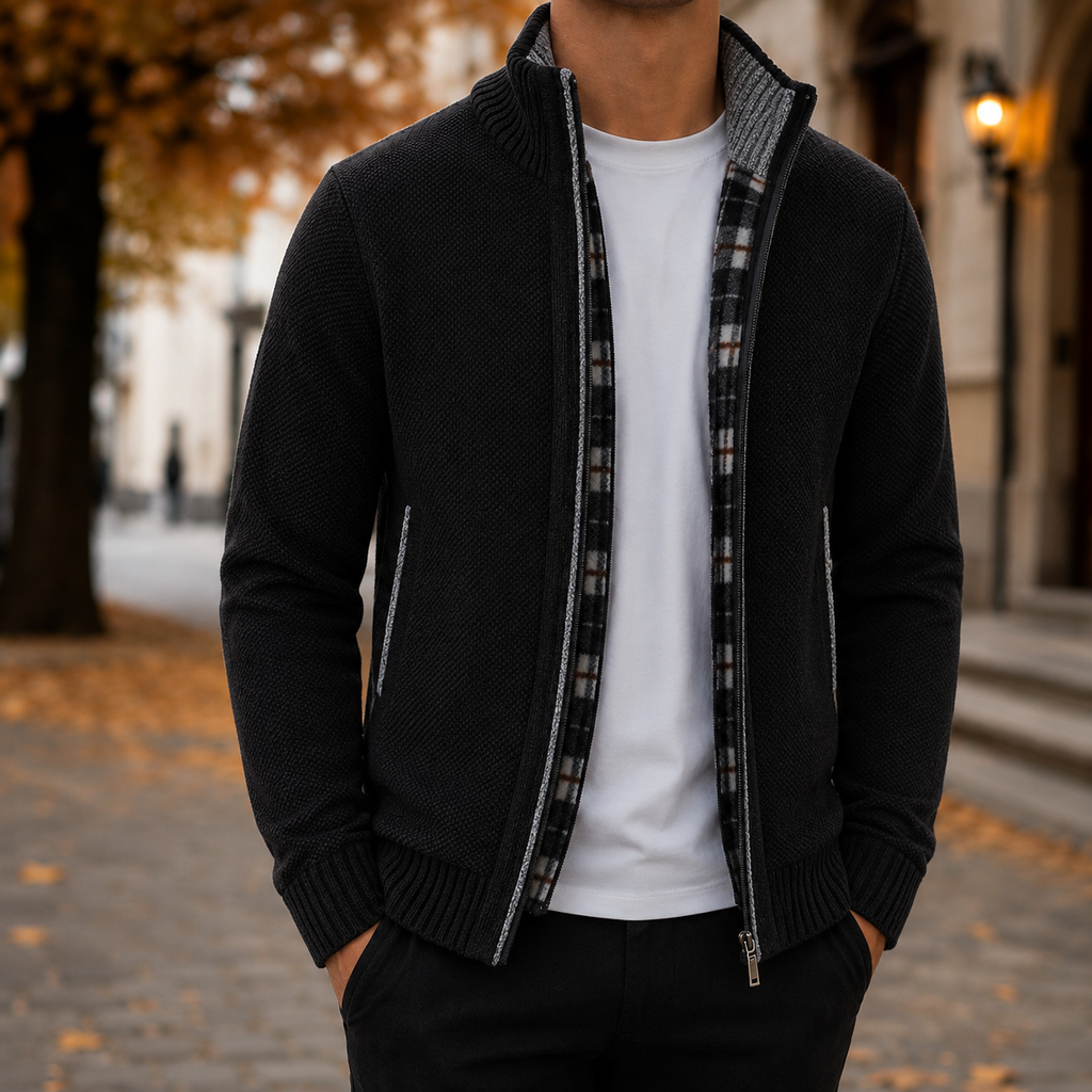 Men's Full Zip Textured Knit Sweater Jacket – Stand Collar Zip-Up Cardigan, Mock Neck Knit Jacket, Ribbed Cuffs & Hem, Casual Smart Casual Sweater, Fall & Winter Men's Knitwear