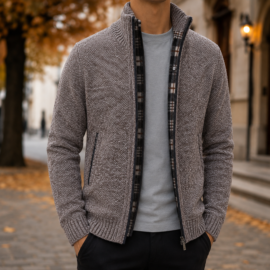 Men's Full Zip Textured Knit Sweater Jacket – Stand Collar Zip-Up Cardigan, Mock Neck Knit Jacket, Ribbed Cuffs & Hem, Casual Smart Casual Sweater, Fall & Winter Men's Knitwear