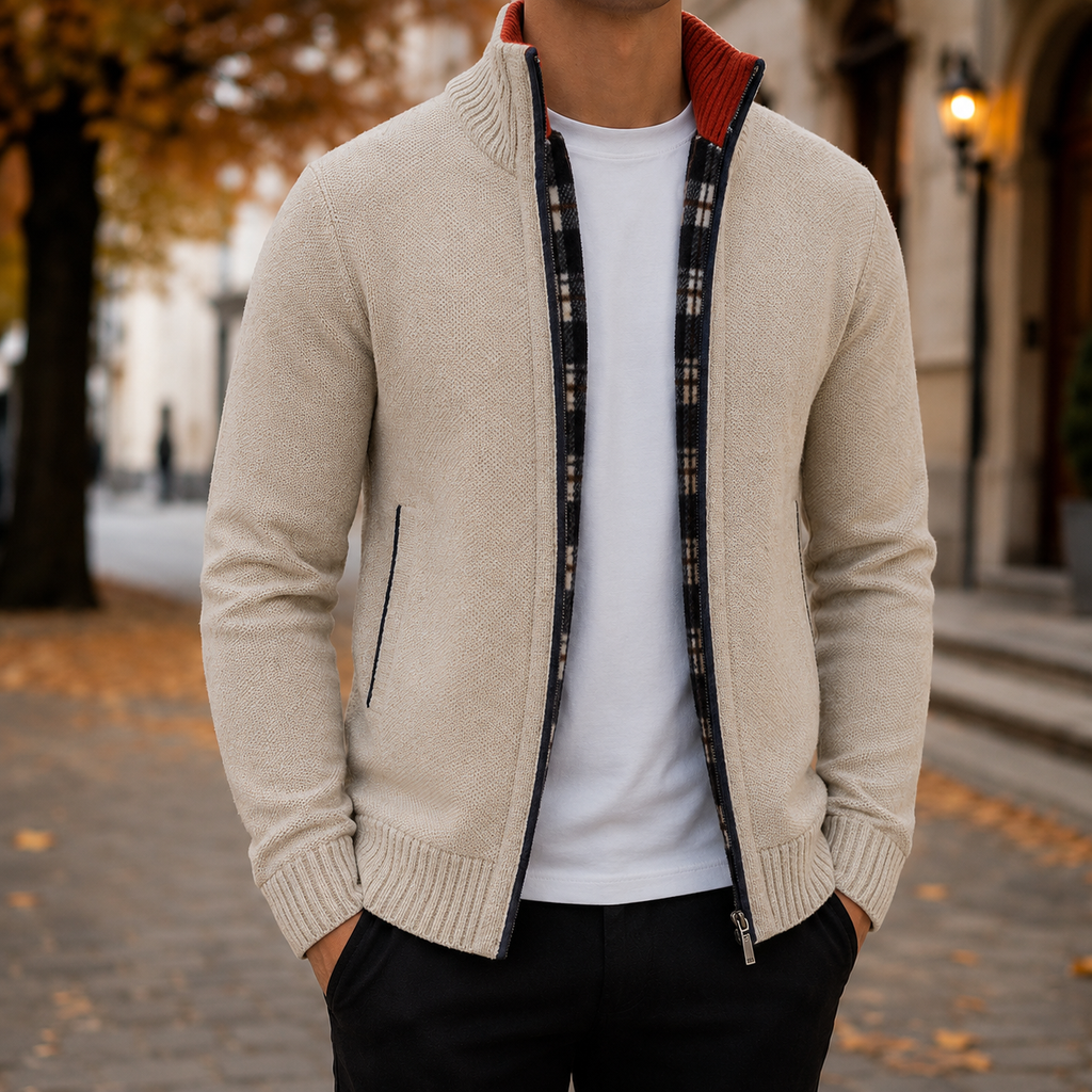 Men's Full Zip Textured Knit Sweater Jacket – Stand Collar Zip-Up Cardigan, Mock Neck Knit Jacket, Ribbed Cuffs & Hem, Casual Smart Casual Sweater, Fall & Winter Men's Knitwear