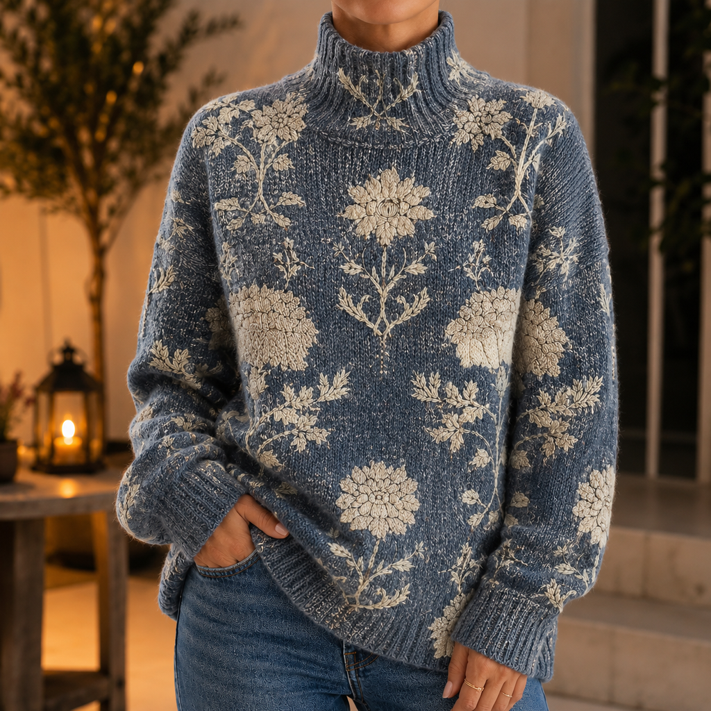 Women's High Neck Jacquard Sweater – Turtleneck Jumper with Floral Pattern, Eye-Catching Knitwear for Fall and Winter, Perfect for Work and Everyday Wear