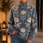 Women's High Neck Jacquard Sweater – Turtleneck Jumper with Floral Pattern, Eye-Catching Knitwear for Fall and Winter, Perfect for Work and Everyday Wear