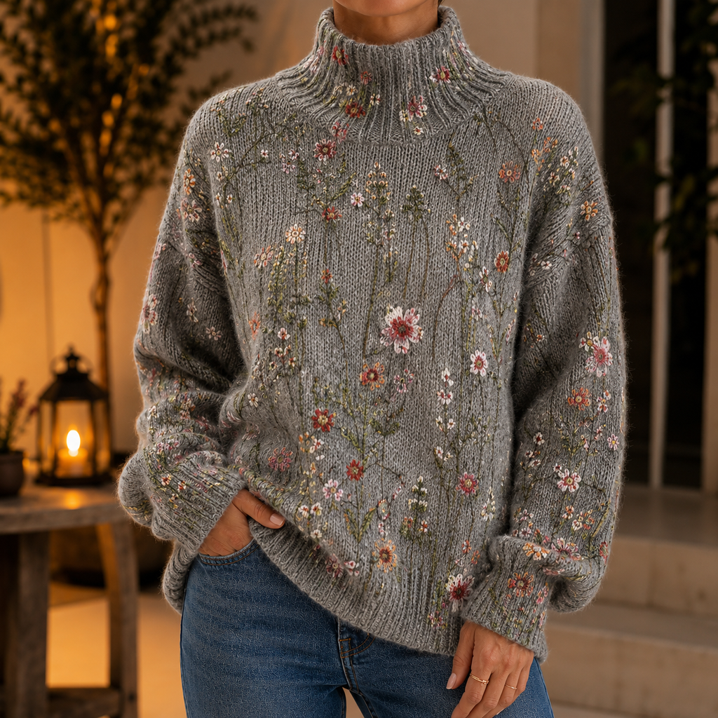 Women's High Neck Jacquard Sweater – Turtleneck Jumper with Floral Pattern, Eye-Catching Knitwear for Fall and Winter, Perfect for Work and Everyday Wear