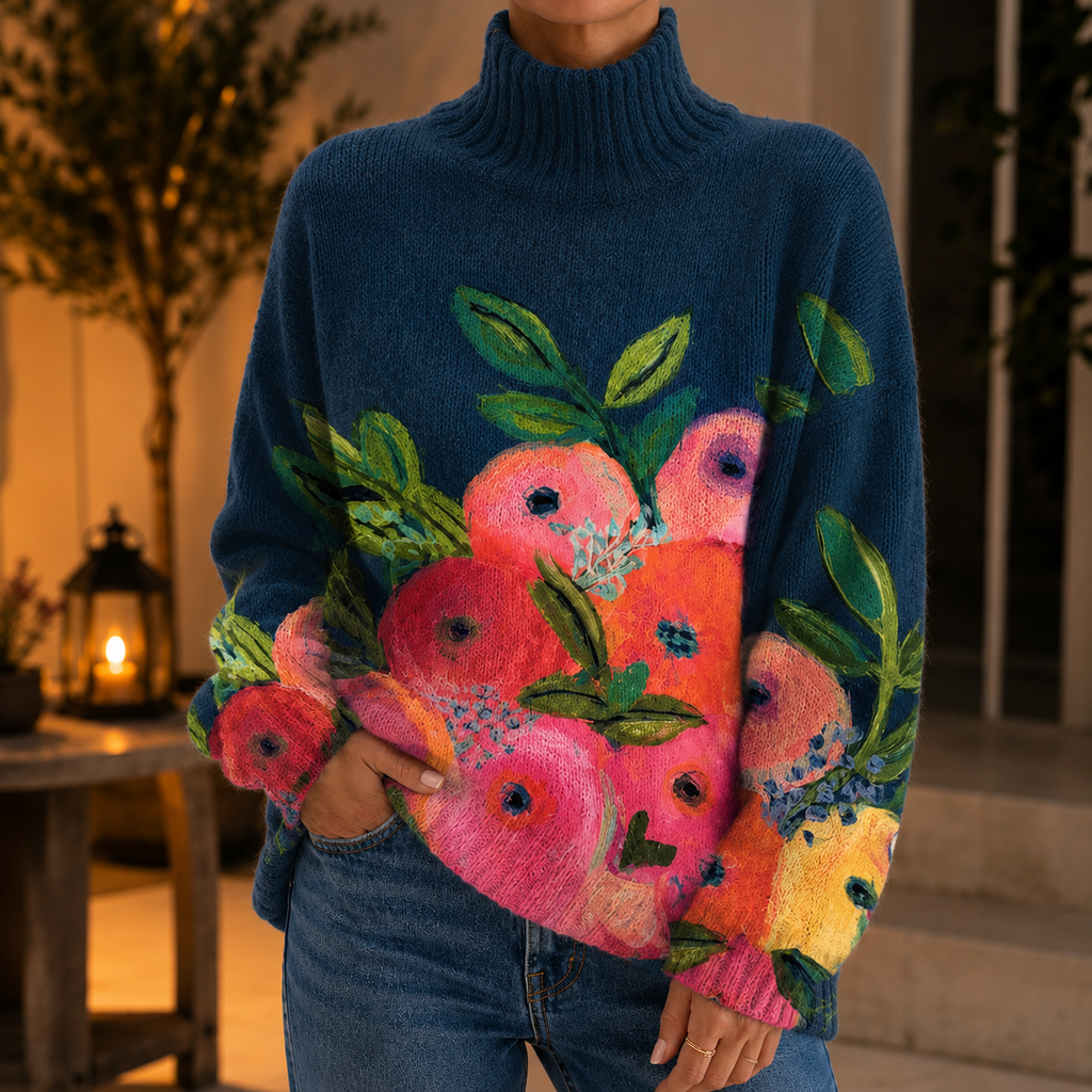 Women's High Neck Jacquard Sweater – Turtleneck Jumper with Floral Pattern, Eye-Catching Knitwear for Fall and Winter, Perfect for Work and Everyday Wear