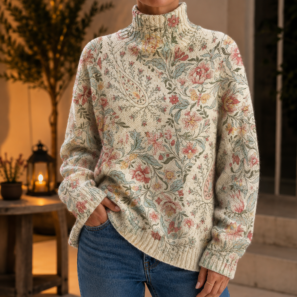 Women's High Neck Jacquard Sweater – Turtleneck Jumper with Floral Pattern, Eye-Catching Knitwear for Fall and Winter, Perfect for Work and Everyday Wear
