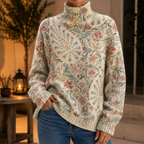 Women's High Neck Jacquard Sweater – Turtleneck Jumper with Floral Pattern, Eye-Catching Knitwear for Fall and Winter, Perfect for Work and Everyday Wear