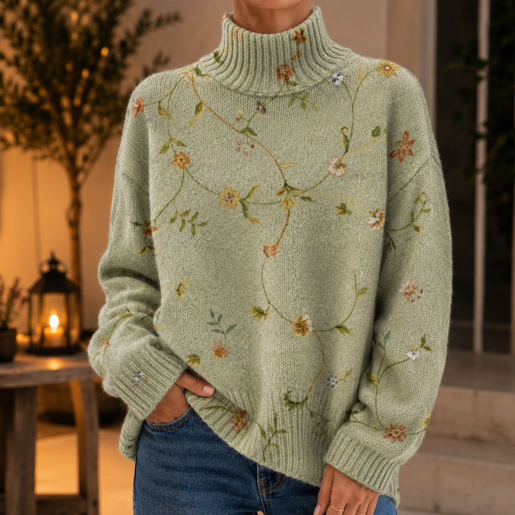 Women's High Neck Jacquard Sweater – Turtleneck Jumper with Floral Pattern, Eye-Catching Knitwear for Fall and Winter, Perfect for Work and Everyday Wear