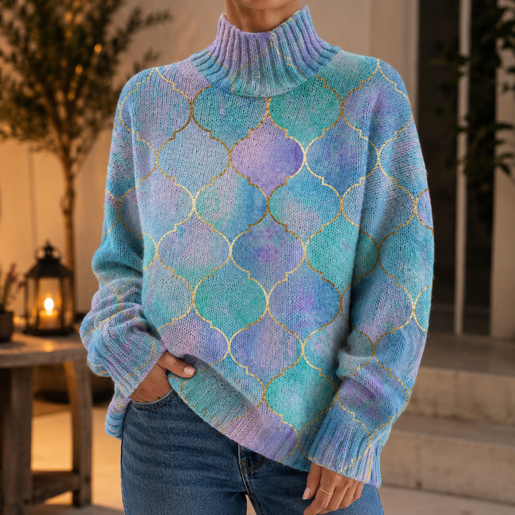 Women's High Neck Jacquard Sweater – Turtleneck Jumper with Floral Pattern, Eye-Catching Knitwear for Fall and Winter, Perfect for Work and Everyday Wear