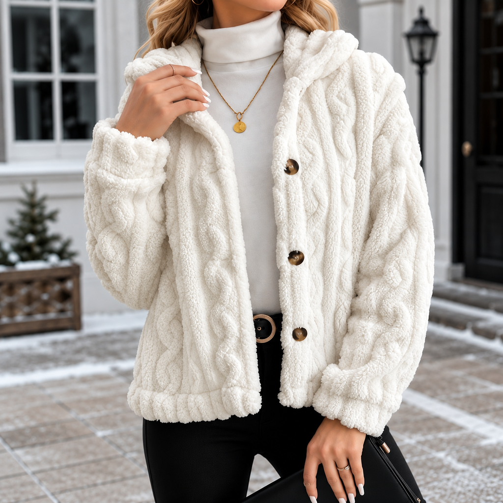 Women's Cable Knit Cardigan Sweater – Chunky Knit Sherpa Fleece Button Front Sweater Jacket, Cozy Soft Warm Long Sleeve Cardigan, Cream White Fall & Winter Casual Knitwear