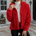 Women's Cable Knit Cardigan Sweater – Chunky Knit Sherpa Fleece Button Front Sweater Jacket, Cozy Soft Warm Long Sleeve Cardigan, Cream White Fall & Winter Casual Knitwear