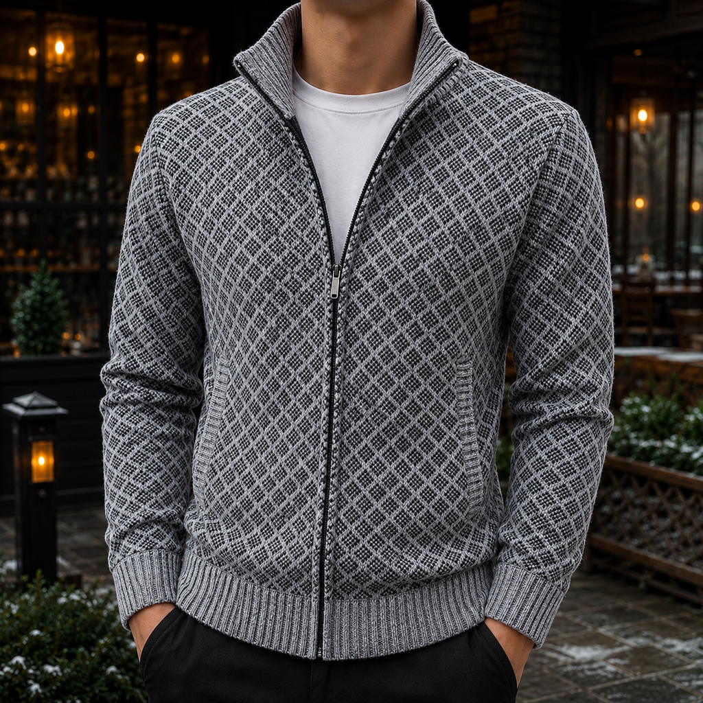  Men's Full Zip Cable Knit Sweater – Textured Knit Cardigan, Mock Neck Zip-Up Sweater Jacket, Ribbed Knit Pullover, Casual Smart Casual Fall & Winter Men's Knitwear