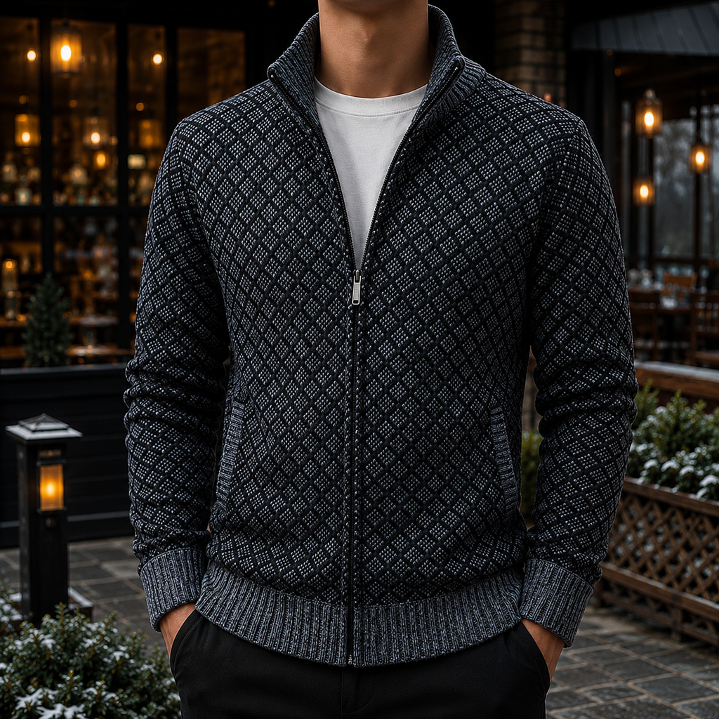  Men's Full Zip Cable Knit Sweater – Textured Knit Cardigan, Mock Neck Zip-Up Sweater Jacket, Ribbed Knit Pullover, Casual Smart Casual Fall & Winter Men's Knitwear