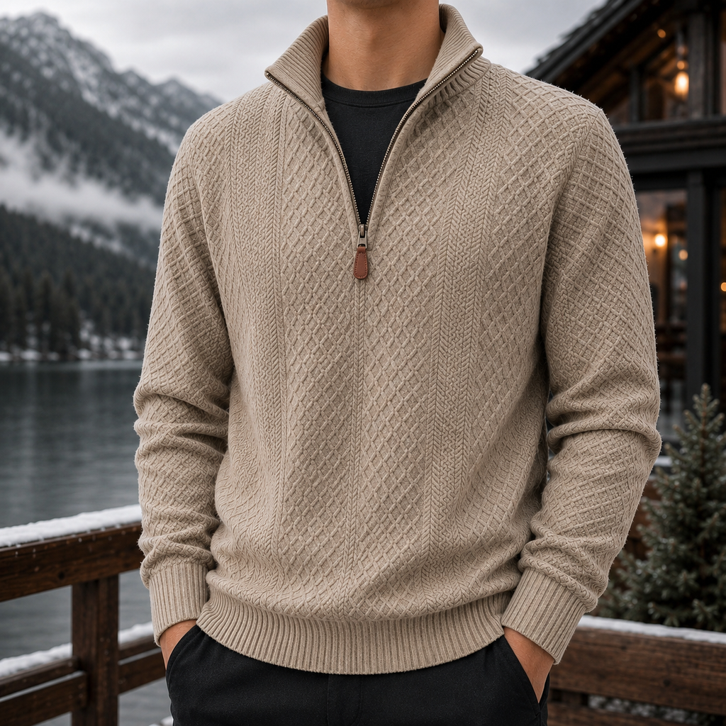Men's Quarter Zip Cable Knit Sweater – Textured Knit Pullover, Mock Neck Half Zip Winter Sweater, Casual Smart Casual Men's Knitwear for Fall & Winter