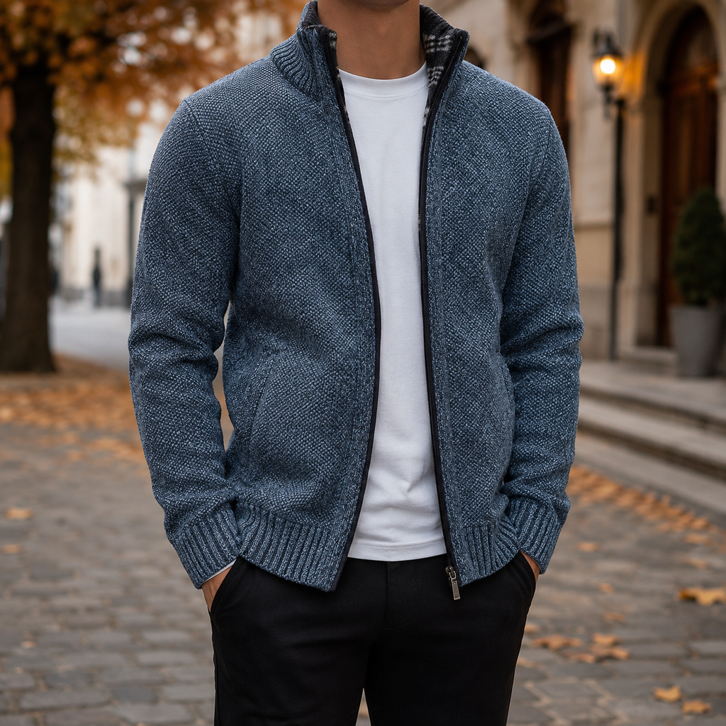 Men's Full Zip Textured Knit Sweater Jacket – Stand Collar Zip-Up Cardigan, Mock Neck Knit Jacket, Ribbed Cuffs & Hem, Casual Smart Casual Sweater, Fall & Winter Men's Knitwear