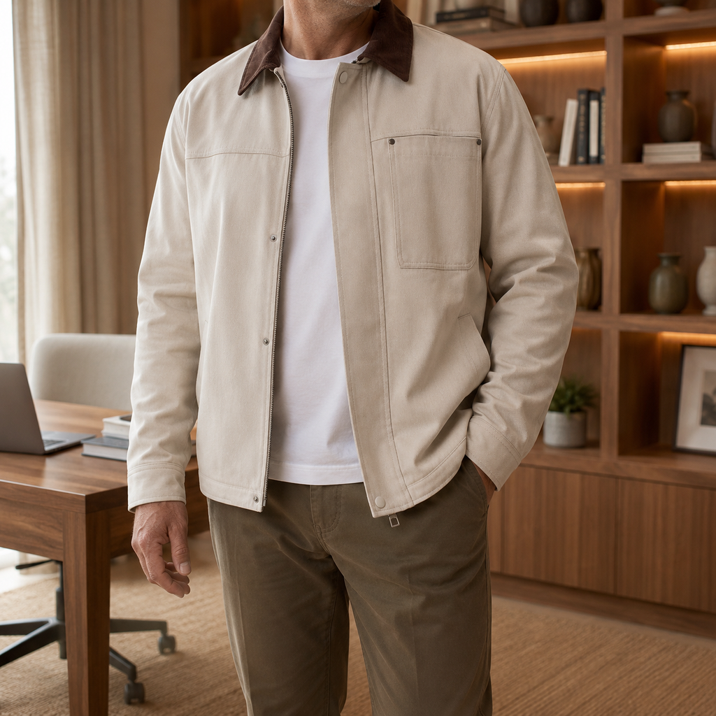 Men's Canvas Jacket – Beige Utility Shirt Jacket, Workwear Shacket with Contrast Collar, Zip Front Overshirt, Casual Trucker Jacket, Lightweight Field Jacket, Fall & Winter Men's Outerwear