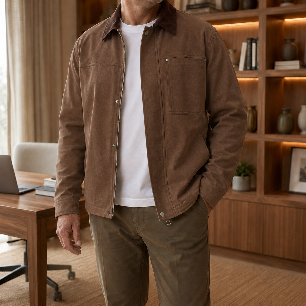 Men's Canvas Jacket – Beige Utility Shirt Jacket, Workwear Shacket with Contrast Collar, Zip Front Overshirt, Casual Trucker Jacket, Lightweight Field Jacket, Fall & Winter Men's Outerwear