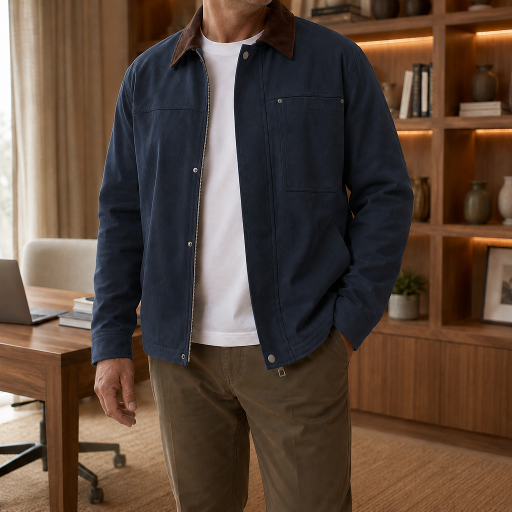 Men's Canvas Jacket – Beige Utility Shirt Jacket, Workwear Shacket with Contrast Collar, Zip Front Overshirt, Casual Trucker Jacket, Lightweight Field Jacket, Fall & Winter Men's Outerwear