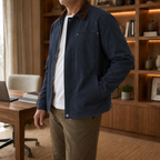 Men's Canvas Jacket – Beige Utility Shirt Jacket, Workwear Shacket with Contrast Collar, Zip Front Overshirt, Casual Trucker Jacket, Lightweight Field Jacket, Fall & Winter Men's Outerwear