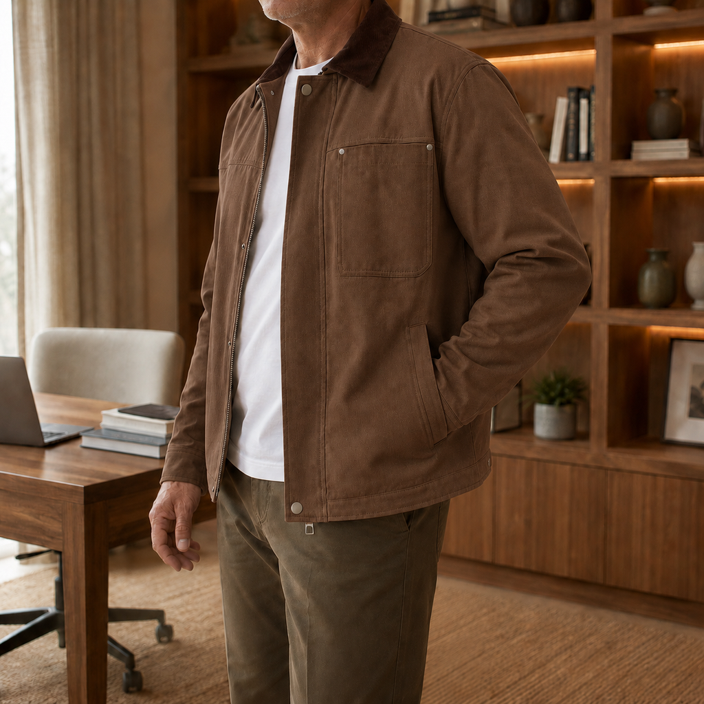 Men's Canvas Jacket – Beige Utility Shirt Jacket, Workwear Shacket with Contrast Collar, Zip Front Overshirt, Casual Trucker Jacket, Lightweight Field Jacket, Fall & Winter Men's Outerwear