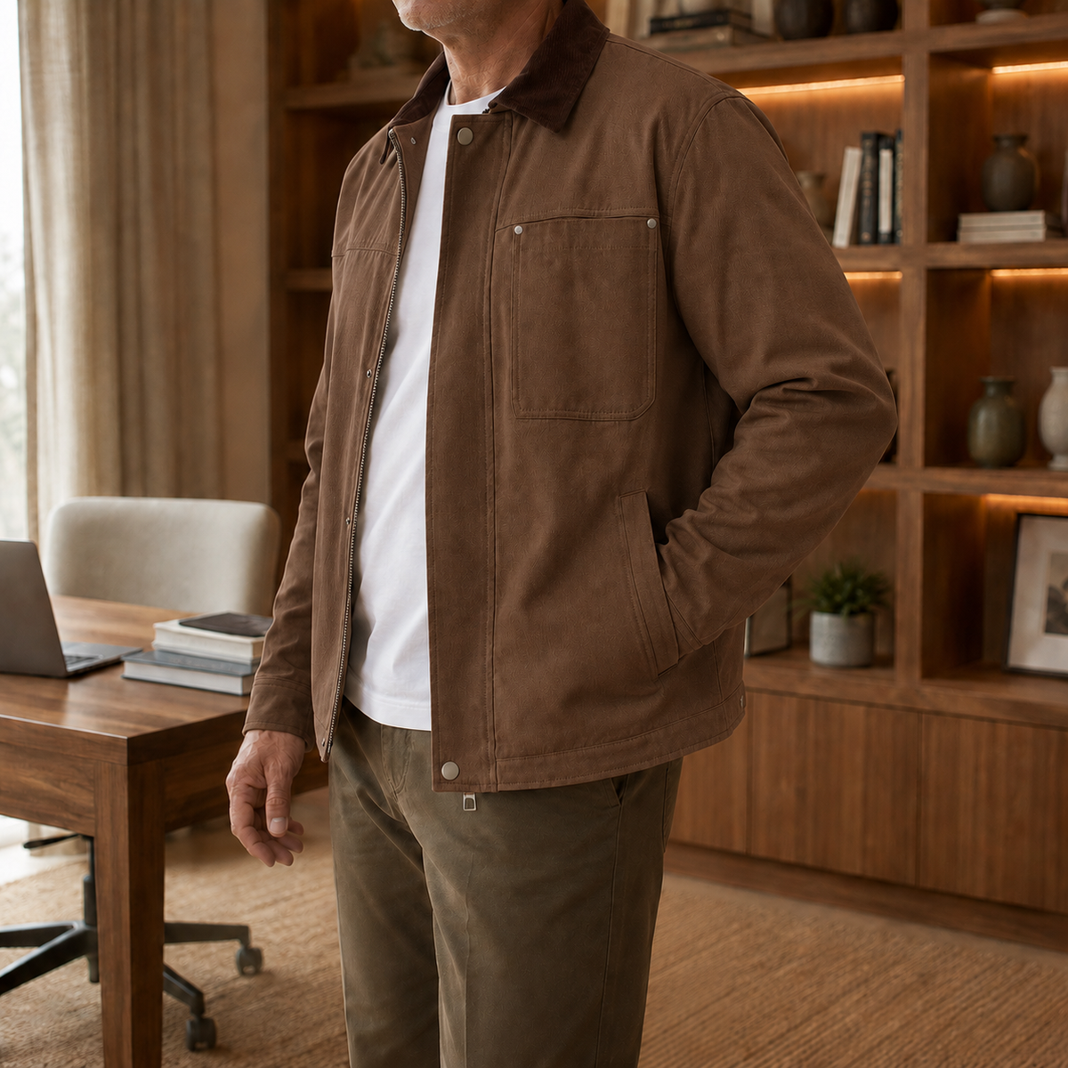 Men's Canvas Jacket – Beige Utility Shirt Jacket, Workwear Shacket with Contrast Collar, Zip Front Overshirt, Casual Trucker Jacket, Lightweight Field Jacket, Fall & Winter Men's Outerwear
