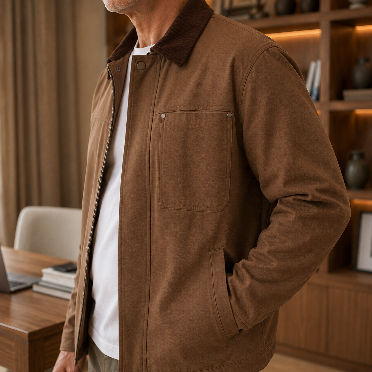 Men's Canvas Jacket – Beige Utility Shirt Jacket, Workwear Shacket with Contrast Collar, Zip Front Overshirt, Casual Trucker Jacket, Lightweight Field Jacket, Fall & Winter Men's Outerwear